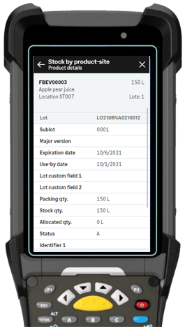 Handheld scanner A handheld scanner scanning the barcodes and QR codes for the lot details for a product in a Mobile Automation Manufacturing transaction.